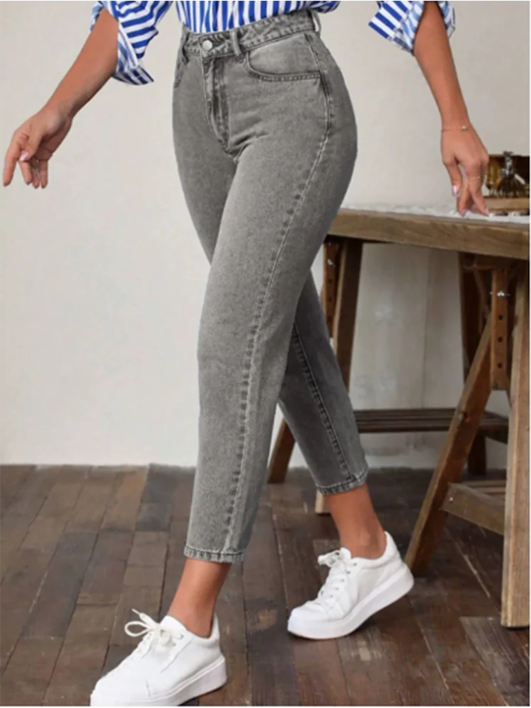 Pantaloni A Gamba Dritta Micro Elastici Da Donna Vita Alta Tinta Unita Jeans Primavera Versatili Moda Streetwear