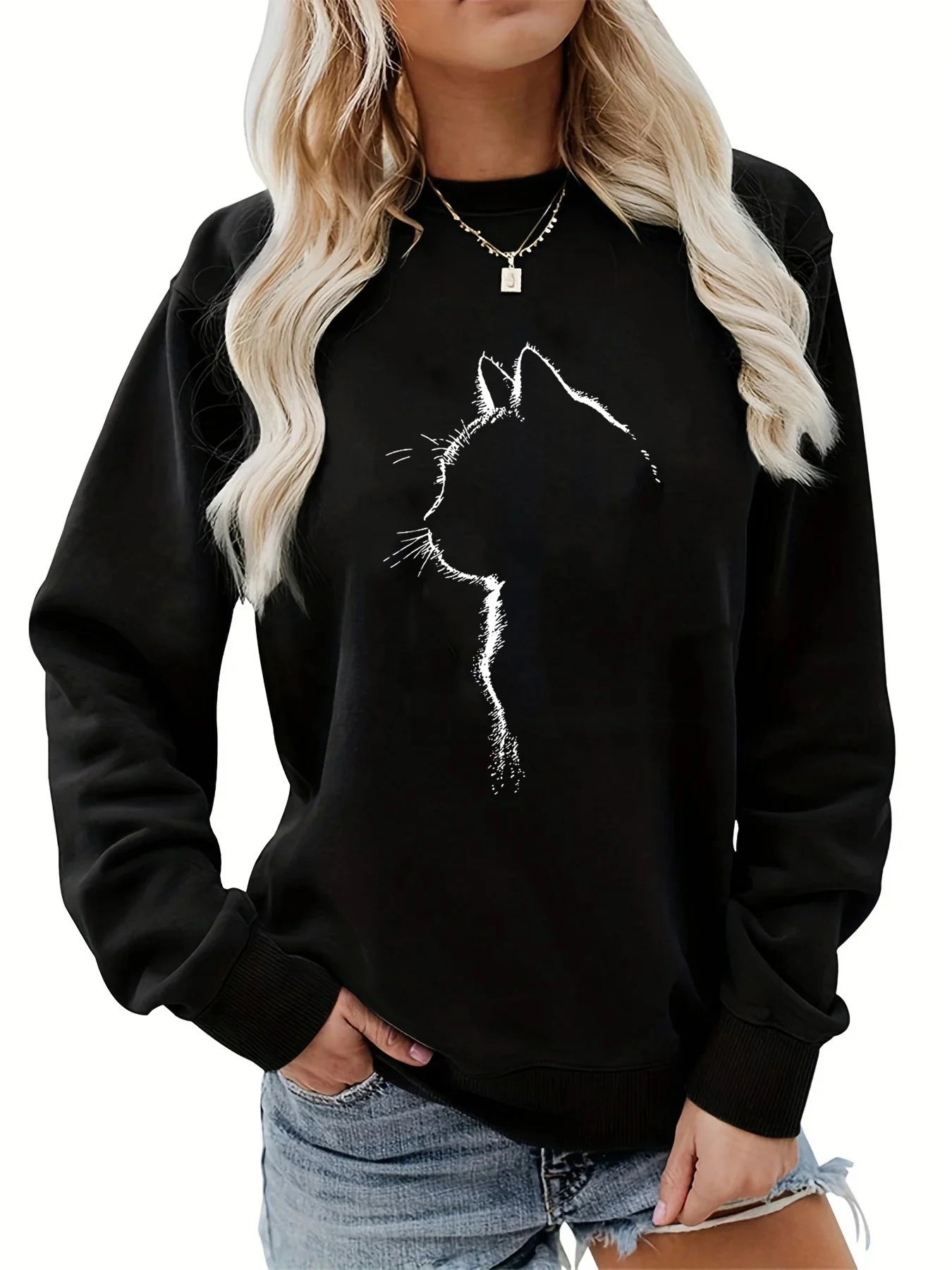 Pullover da Donna Autunno Inverno Casual Ampio con Motivo Gatto Caldo Stampato Girocollo a Maniche Lunghe