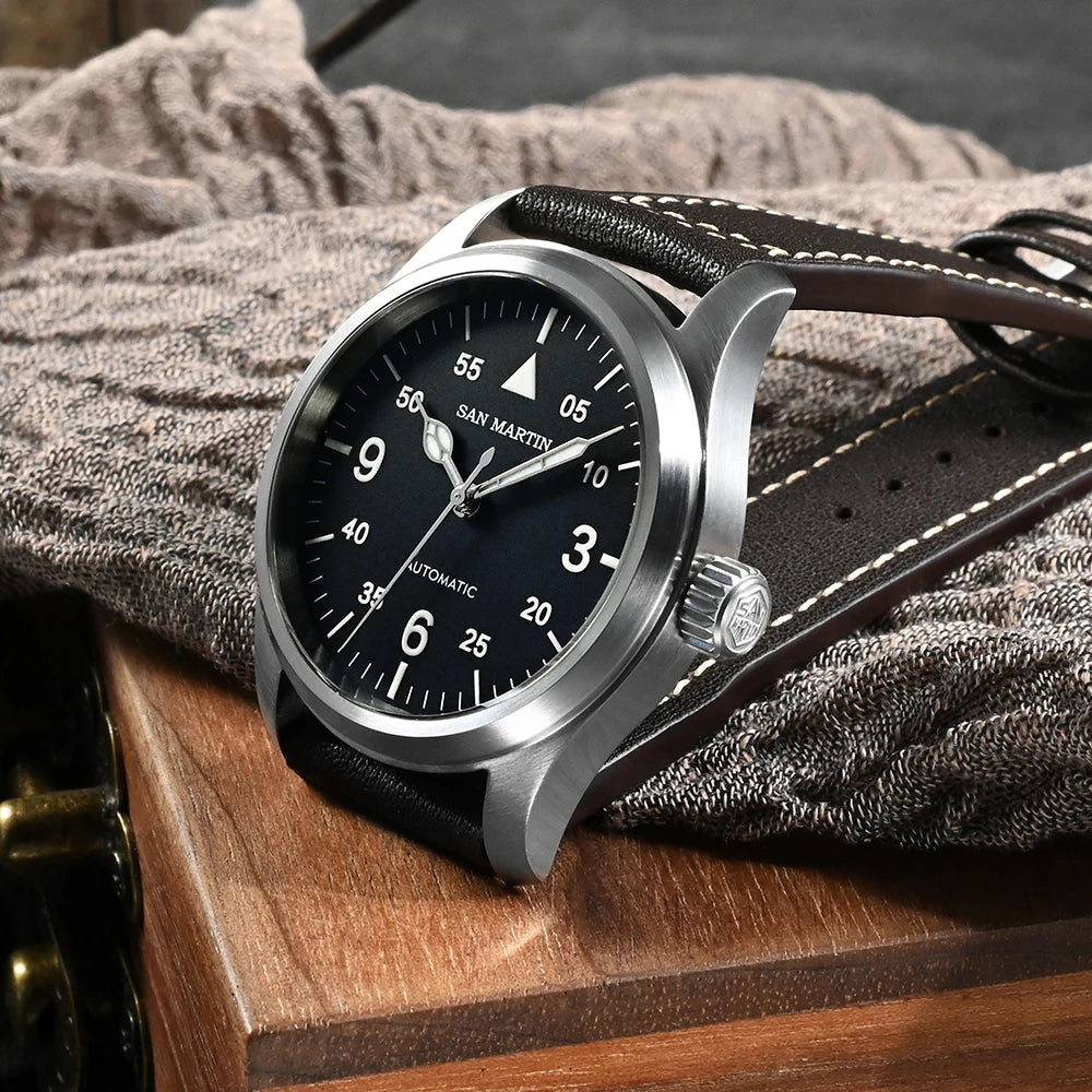 Orologio Da Pilota Da Uomo San Martin 37mm Meccanico Automatico 100m Impermeabile Stile Militari BGW 9
