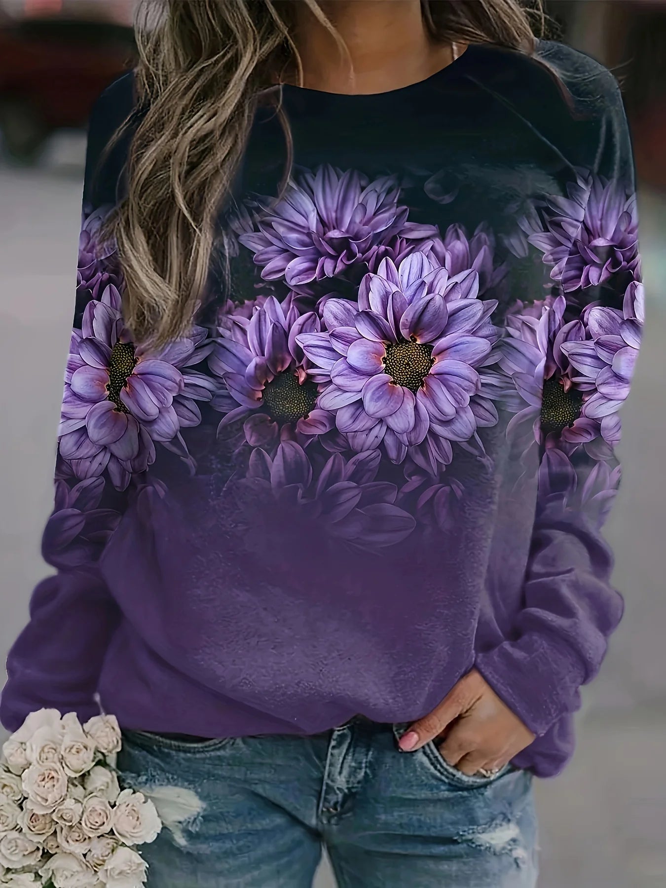 Felpa da Donna con Stampa Grafica Fiori Viola Scollo a O Pullover Casual a Maniche Lunghe in Poliestere Spandex