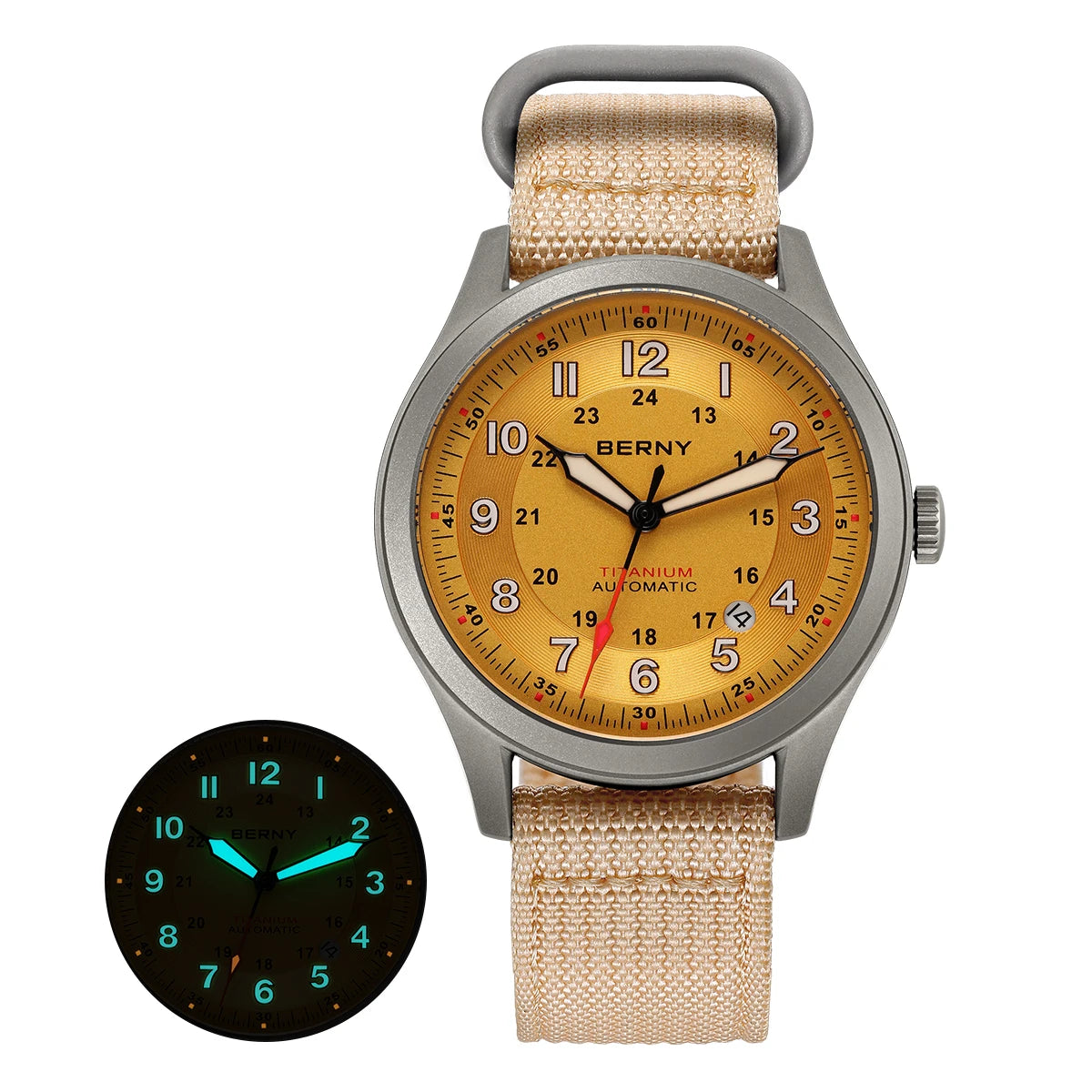 BERNY Orologio Da Campo Da Uomo Automatico In Titanio Con Vetro Zaffiro Luminoso Calendario 10ATM Impermeabile Da Pilota