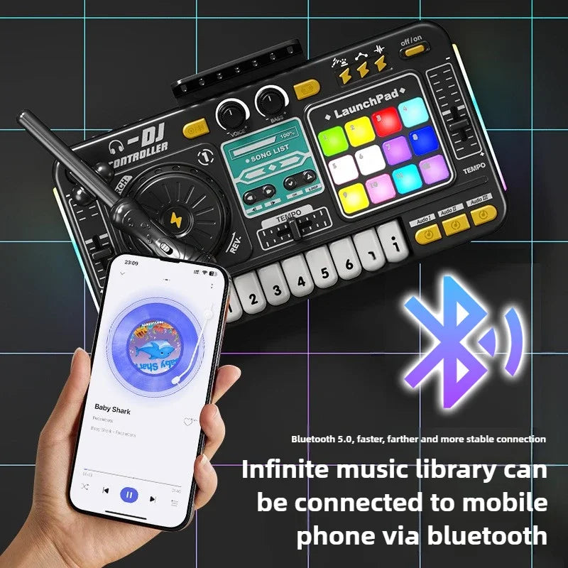 Controller DJ per bambini Mixer giocattolo musicale con microfono Luce a LED Gioco musicale elettronico Giradischi DJ per regali di compleanno per bambini