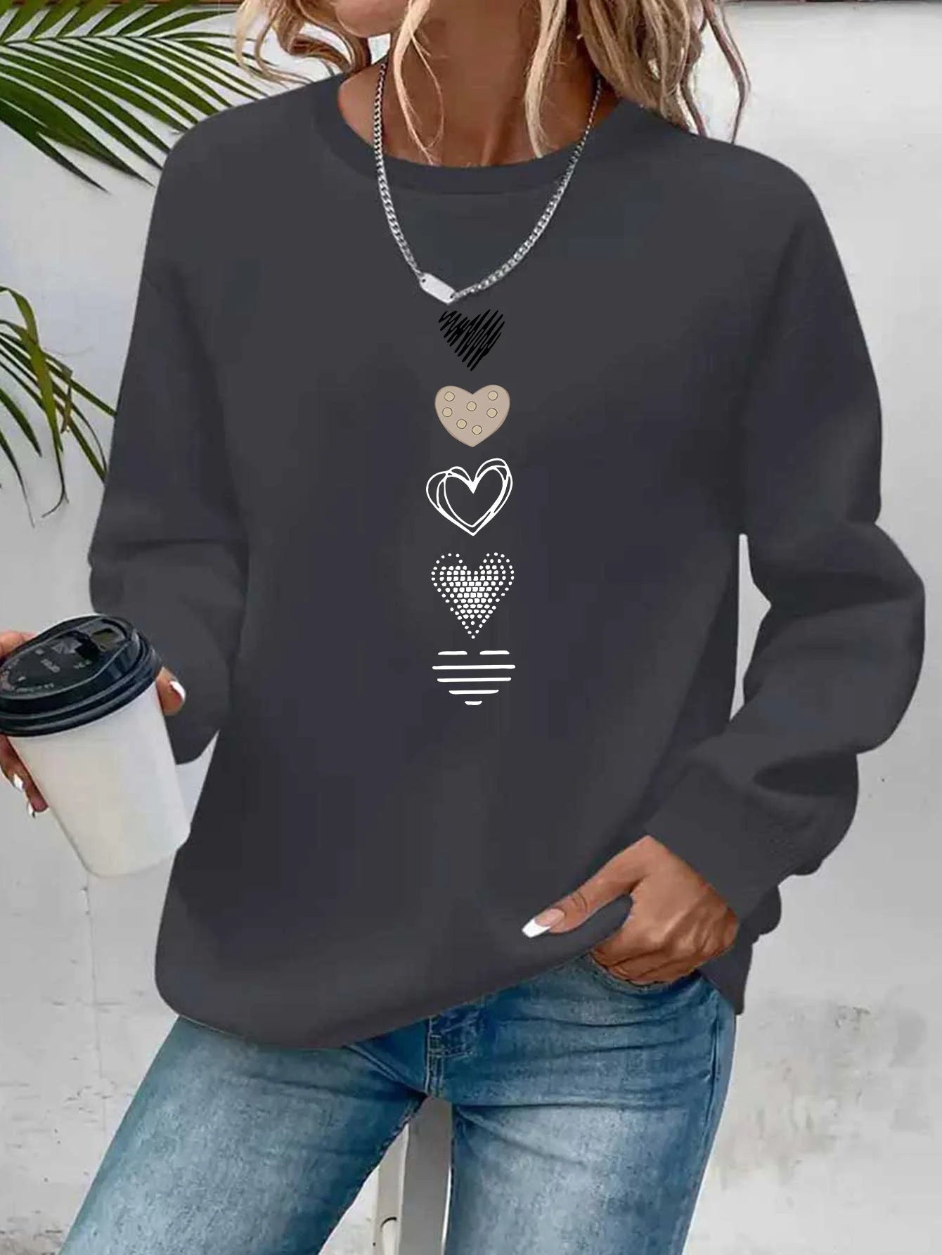 Felpa Donna Con Stampa Cuore Design Geometrico Manica Lunga Girocollo Lavabile In Lavatrice Vestibilità Regolare Autunno