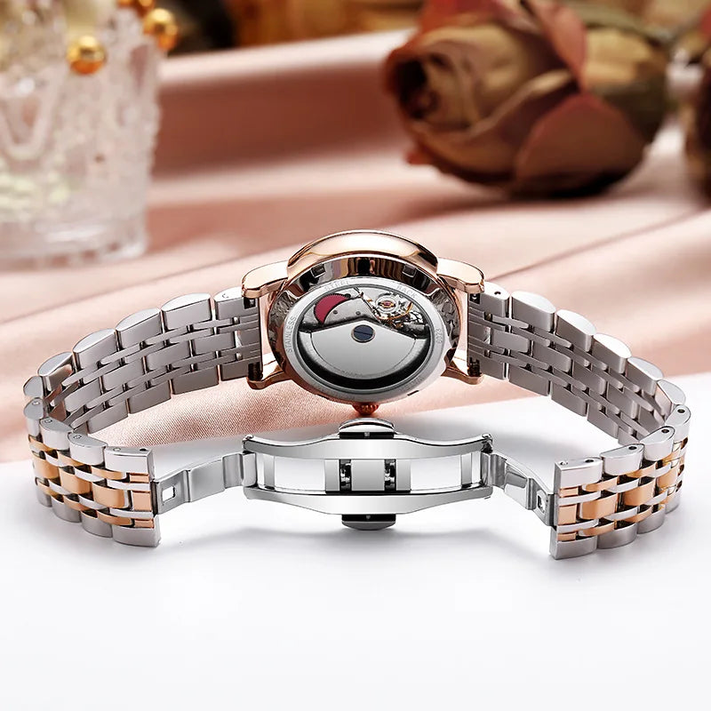 Orologio Da Donna Automatico Impermeabile Con Fasi Lunari E Fiori Girevoli Lusso Di Marca Pregiata
