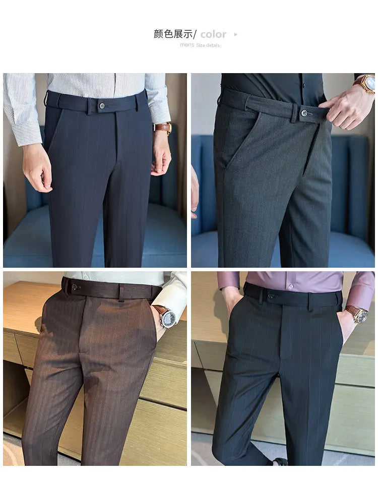 Pantaloni Da Abito Inverno In Lana Spessa Con Vita Elastica Gessati E Tinta Unita Per Uomo