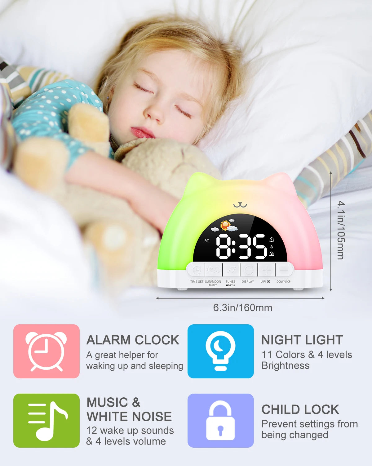 ORIA Sveglia per Bambini con Luce Notte 11 Colori, Sveglia Allenamento Sonno, Orologio con Blocco Regalo Ragazzi Ragazze