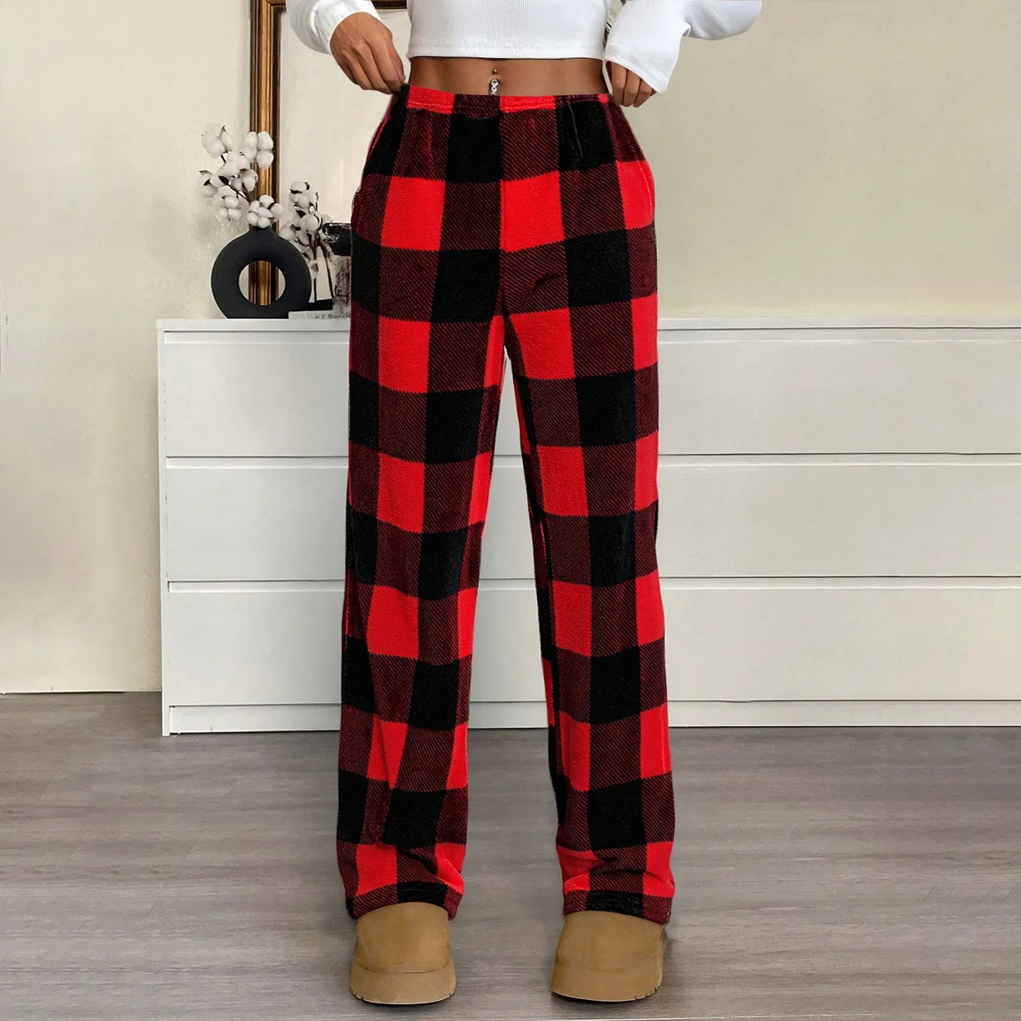 Pantaloni Del Pigiama Da Donna Con Vita Elastica E Scozzesi In Pile Morbidi Con Tasche Peluche