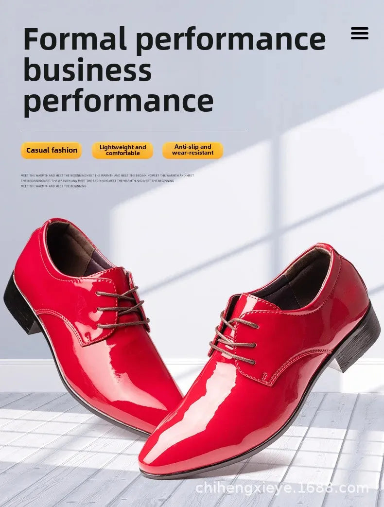 Scarpe Da Uomo In Pelle Primavera Autunno Formali Da Lavoro Punta A Punta Traspiranti Pelle Verniciata Rossa Lucida