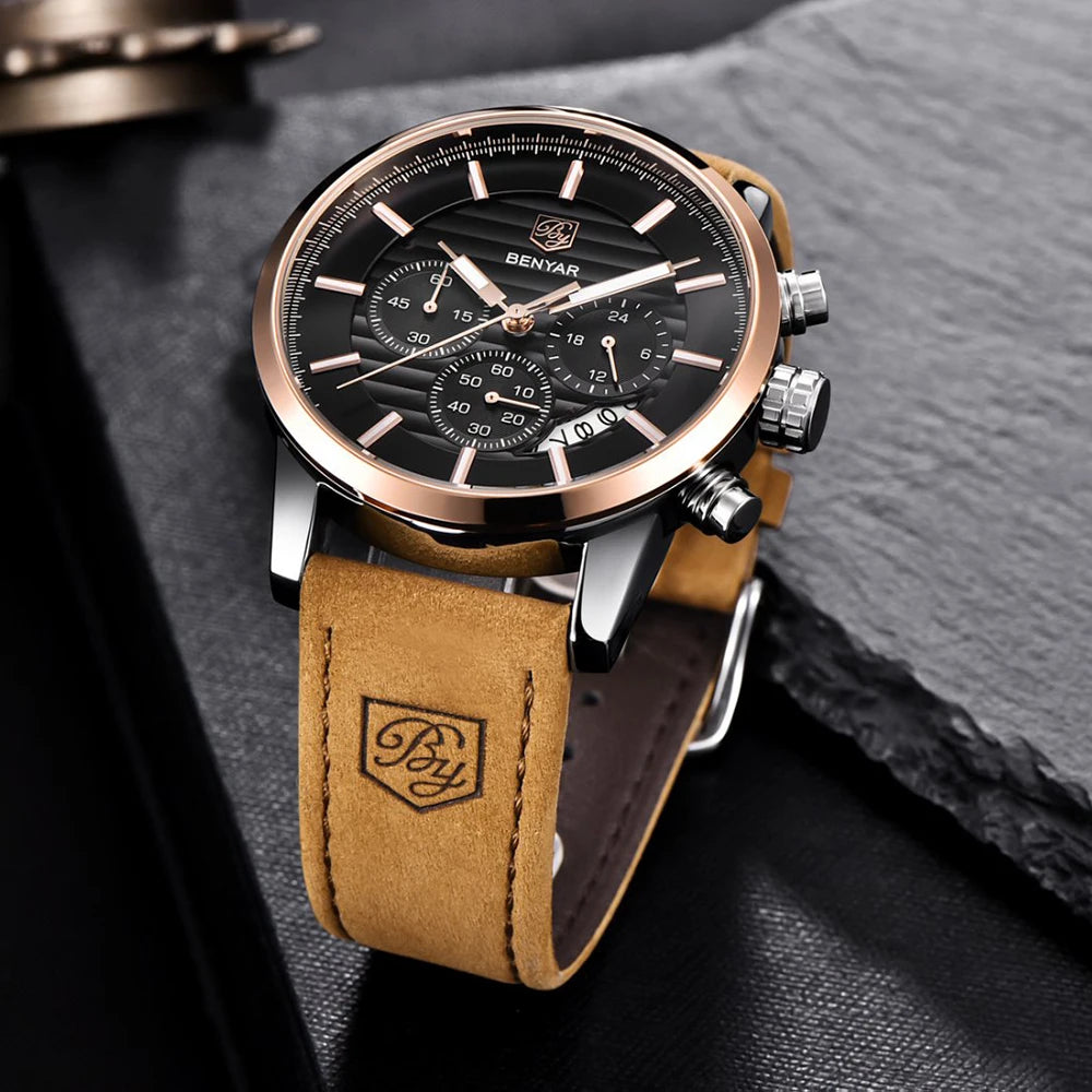 Orologio Da Uomo BENYAR Al Quarzo In Pelle Impermeabile Multifunzione Cronografo calendario Resistente Agli Urti