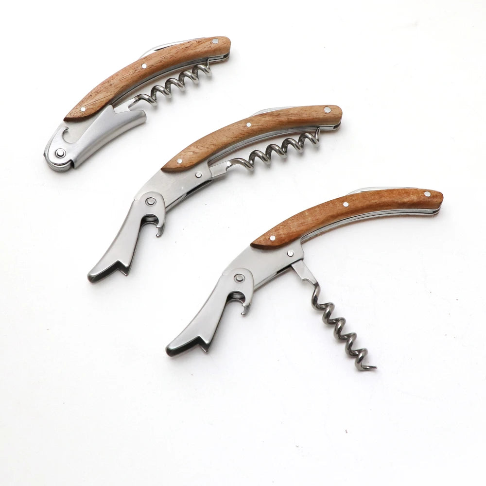 Set Apribottiglie in Legno Naturale 1 2 o 4 Pezzi Cavatappi Micro Serrato con Coltello Affilato per Vino e Birra