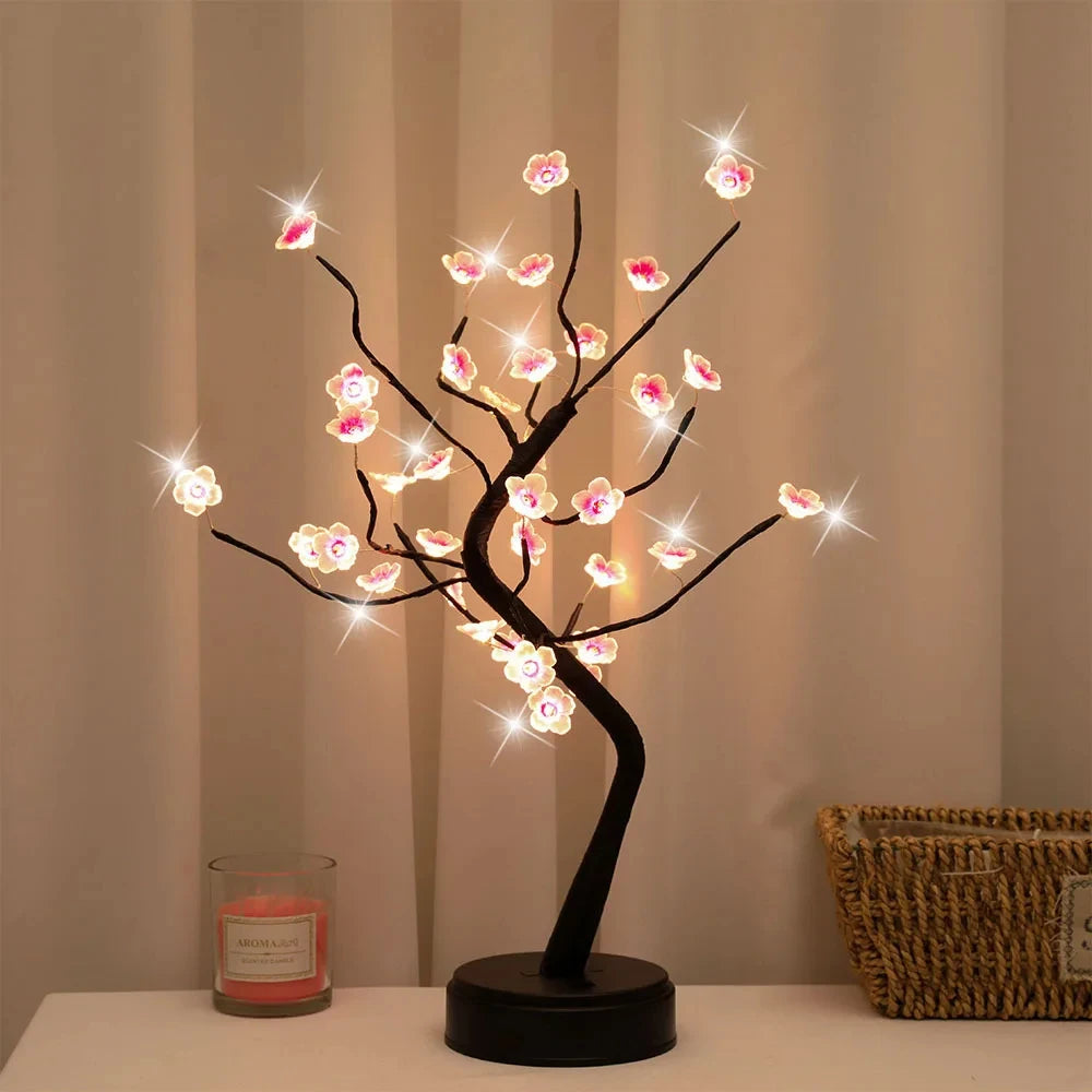 Lampada Da Tavolo LED Per Bonsai Artificiale Ciliegio Bianco Caldo Con Interruttore Tattile USB E Batteria