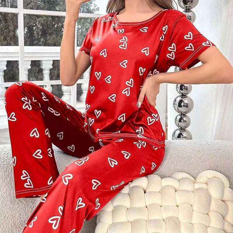 Pigiama Da Donna 2 Pezzi Notte Con T Shirt A Maniche Corte Stampa Lettera Rosa Scuro E Pantaloni Abbigliamento Casalingo