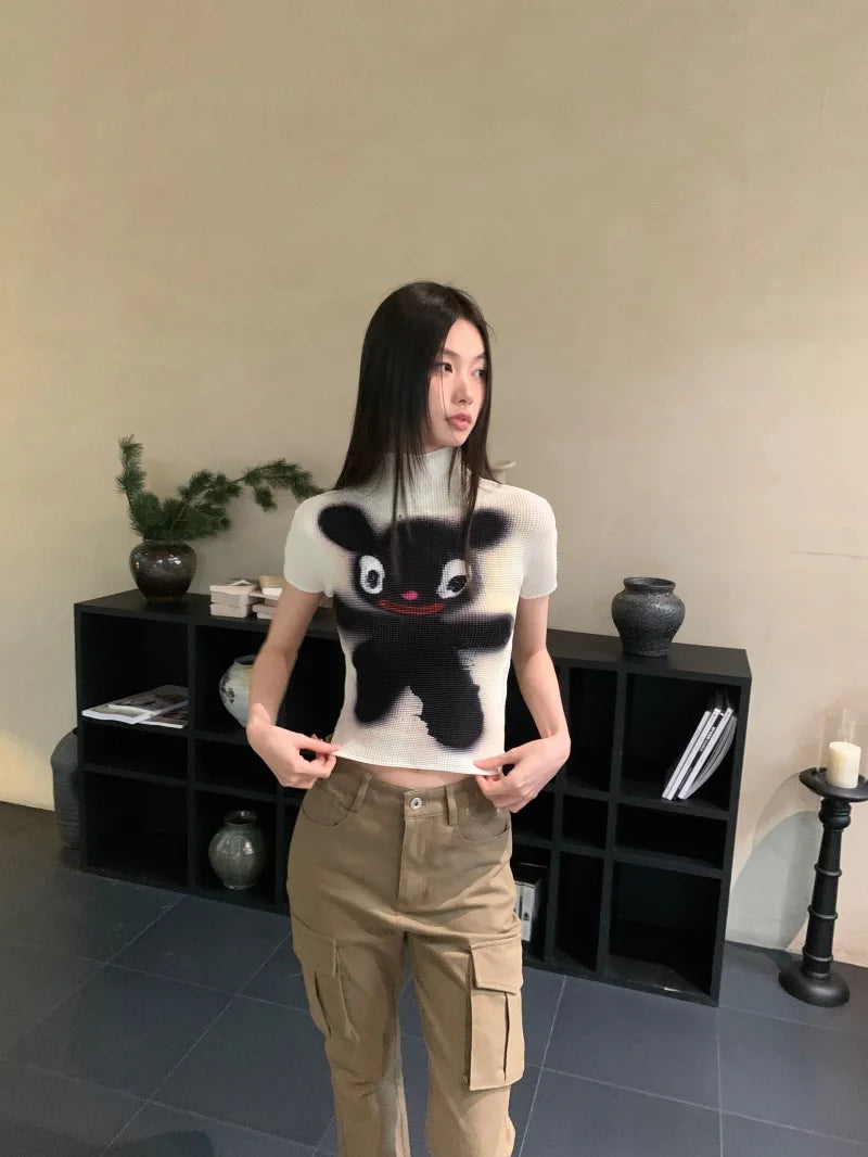 Cheerart Y2K Moda Crop Top Piega Da Donne Estate Manica Corta Kawaii Cartoon T Shirt Abbigliamento