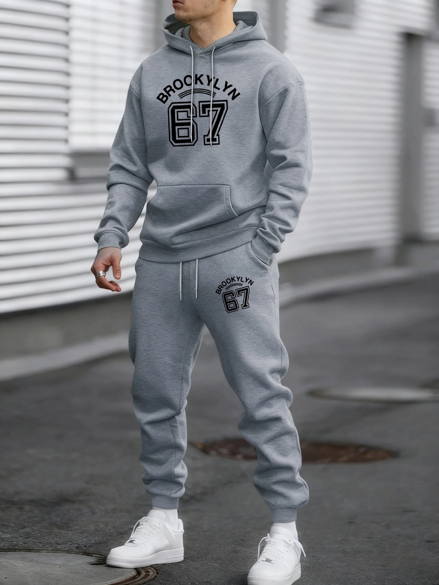Brooklyn Lettera 67 Stampe Arte Tuta Sportiva Uomo Con Cappuccio In Pile Caldo Pantaloni Larghi Autunno Vintage