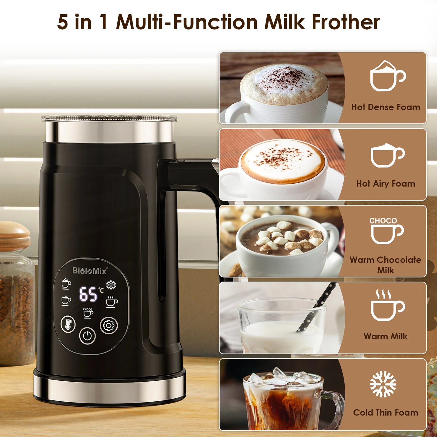 Biolomix Montalatte Intelligente 5 in 1 con Display Touch LED Schiuma Calda e Fredda per Caffè e Latte