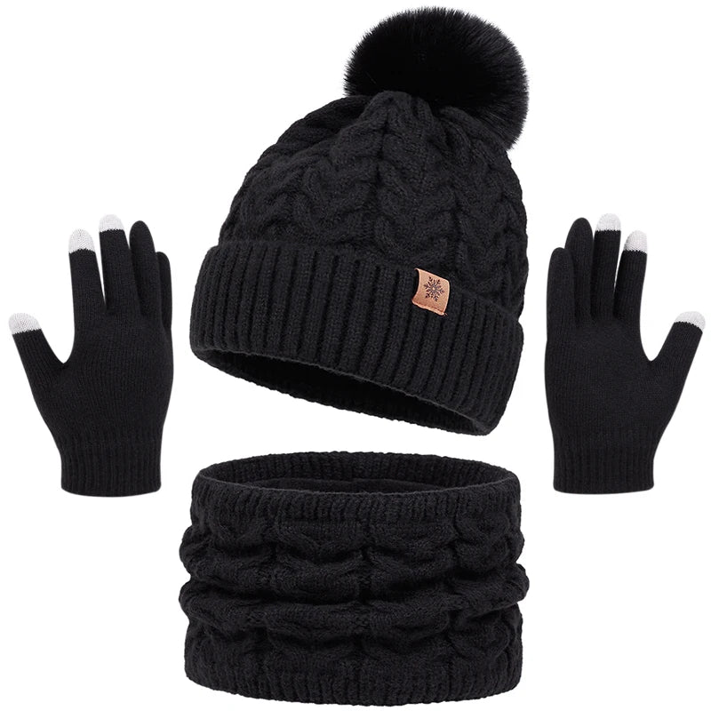 Set Cappello Invernale Donna Sciarpa Guanti Con Pompon Pelo Lavorato A Maglia Per Ragazze Adolescenti