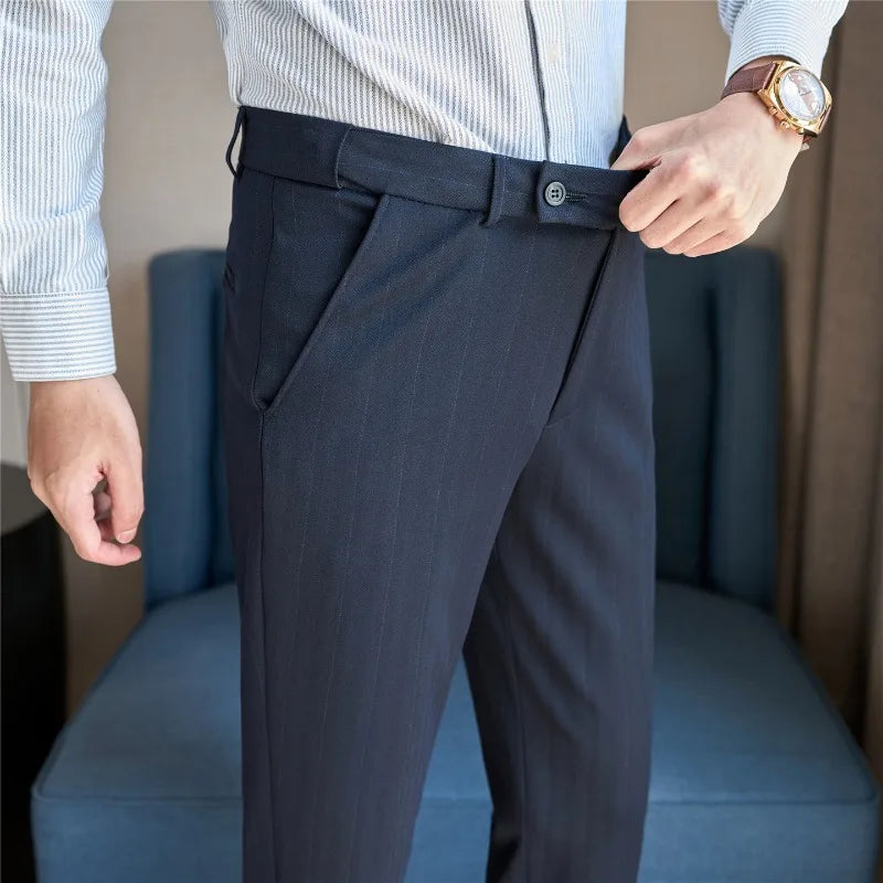 Pantaloni Da Abito Inverno In Lana Spessa Con Vita Elastica Gessati E Tinta Unita Per Uomo