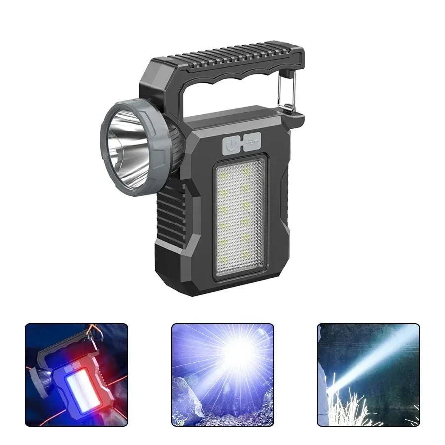 Torcia Portatile Potente Ricaricabile USB Con Luce Solare Led E Lavoro Cob Campeggio E Carica Telefono Con 4 Modalità