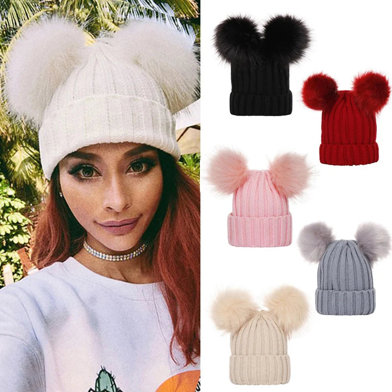 Cappello Invernale Da Donna Lavorato A Maglia Con Pompon In Pelliccia Sintetica Caldo Berretto Natalizio Per Ragazza