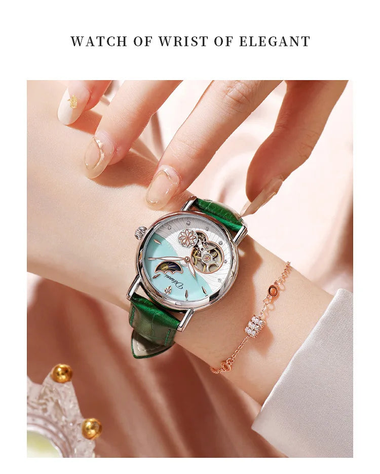 Orologio Da Donna Automatico Impermeabile Con Fasi Lunari E Fiori Girevoli Lusso Di Marca Pregiata