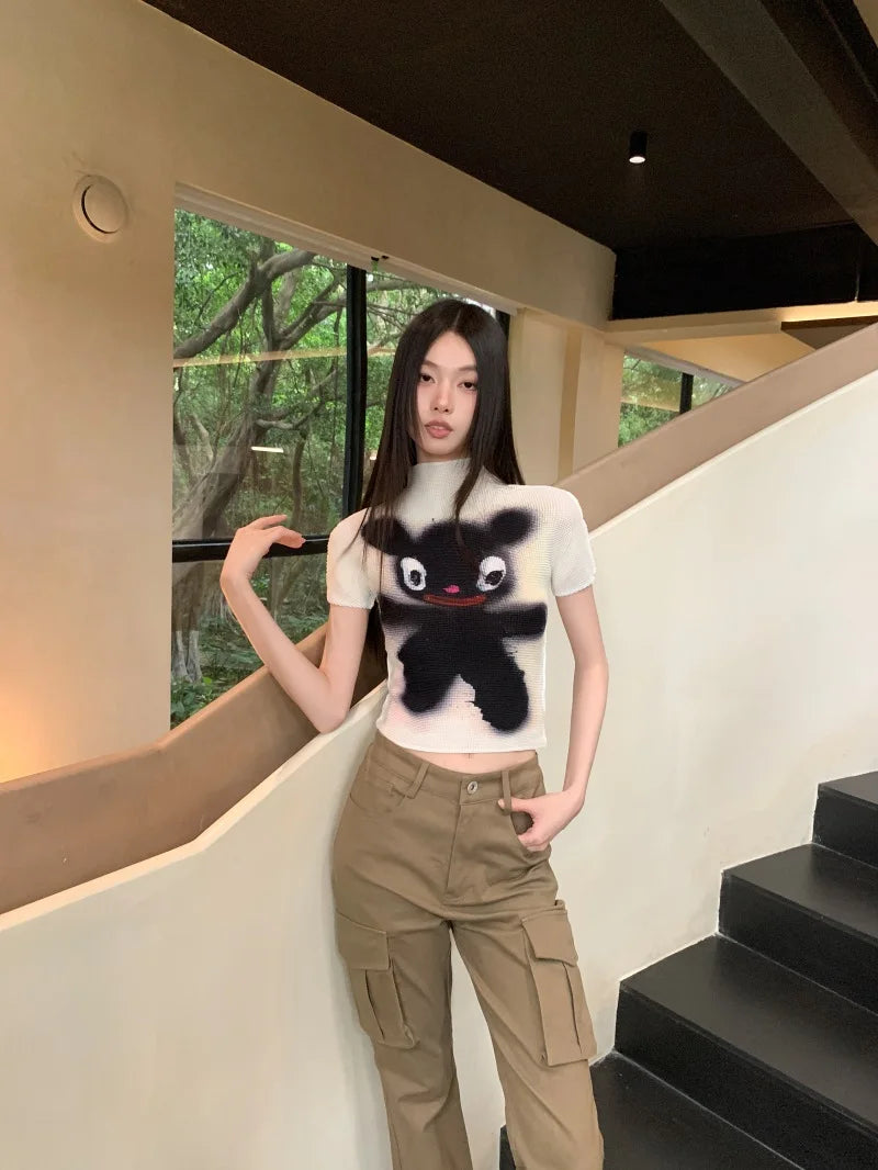 Cheerart Y2K Moda Crop Top Piega Da Donne Estate Manica Corta Kawaii Cartoon T Shirt Abbigliamento