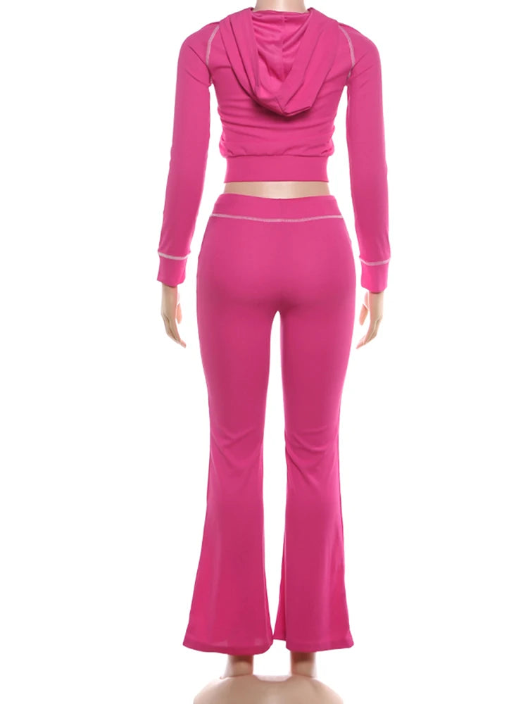 Weird Puss Tuta Donna Due Pezzi con Cappuccio Zip Tasca Giacca Pantaloni Svasati con Coulisse Casual Sportiva Slim Outfit