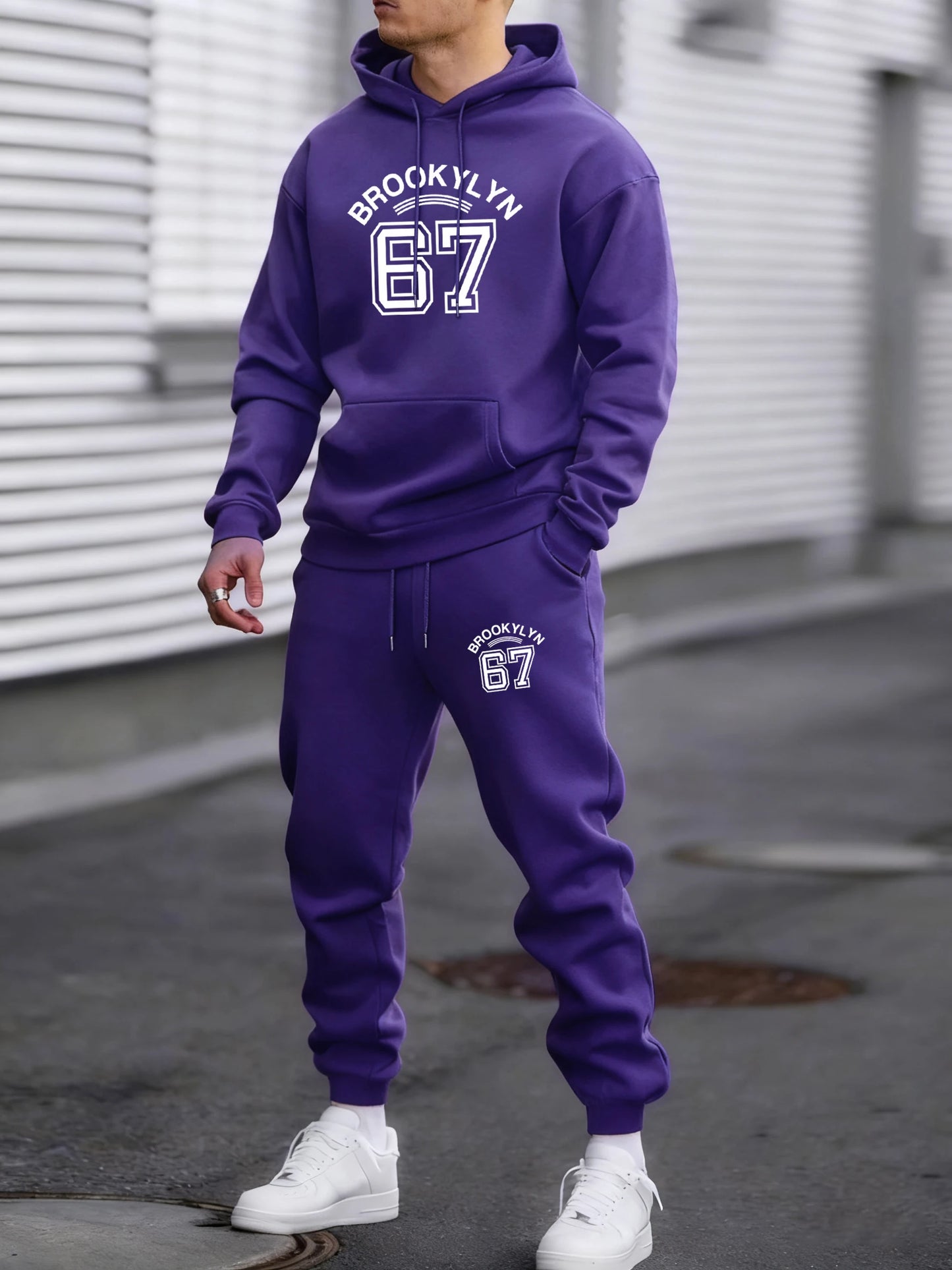 Brooklyn Lettera 67 Stampe Arte Tuta Sportiva Uomo Con Cappuccio In Pile Caldo Pantaloni Larghi Autunno Vintage