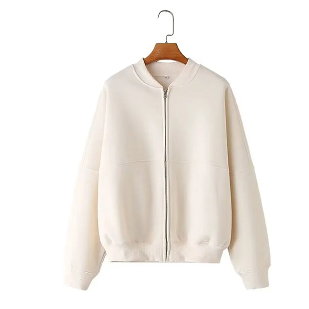 Giacche Bomber Donna Autunno 2 Pezzi Retro Tinta Unita Con Zip Pantaloni A Gamba Larga Con Lacci A Vita Alta Street Wear