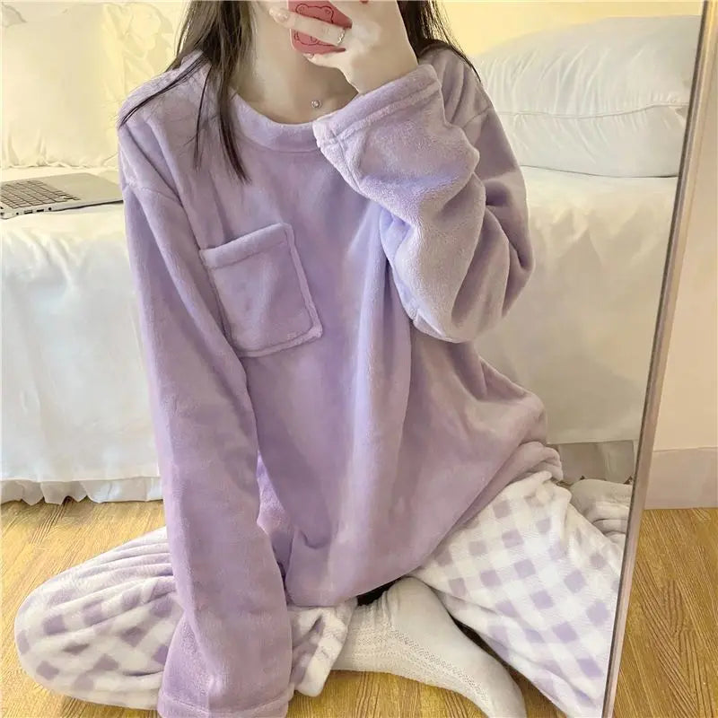 Pigiama Da Donna Caldo In Pile Set Pigiama Invernale Morbido Top Solido E Pantaloni Scozzesi Per Casa