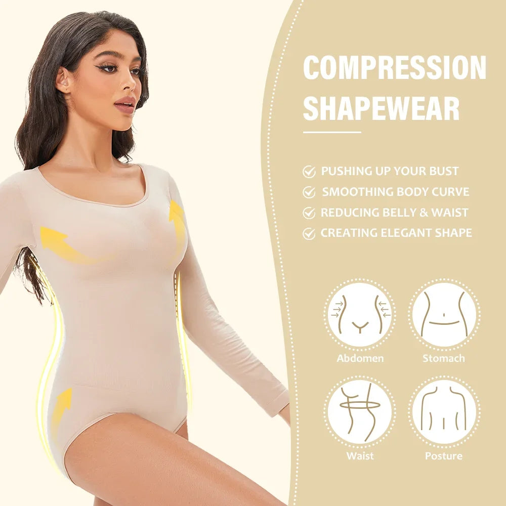 Pokarla Body Suit Spandex Elastico Shapewear Donna Controllo Pancia Manica Lunga Cavallo Aperto Girocollo Shaper