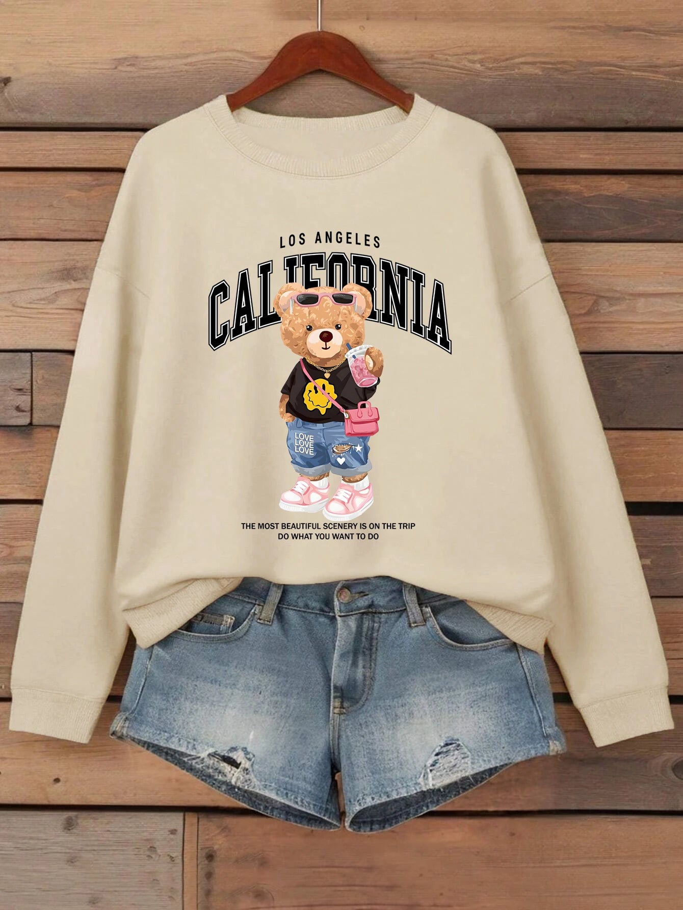 Orsetto Bere Tè Al Latte Stampato Pullover Da Donna Con Collo A O Felpa In Pile Streetwear Autunno