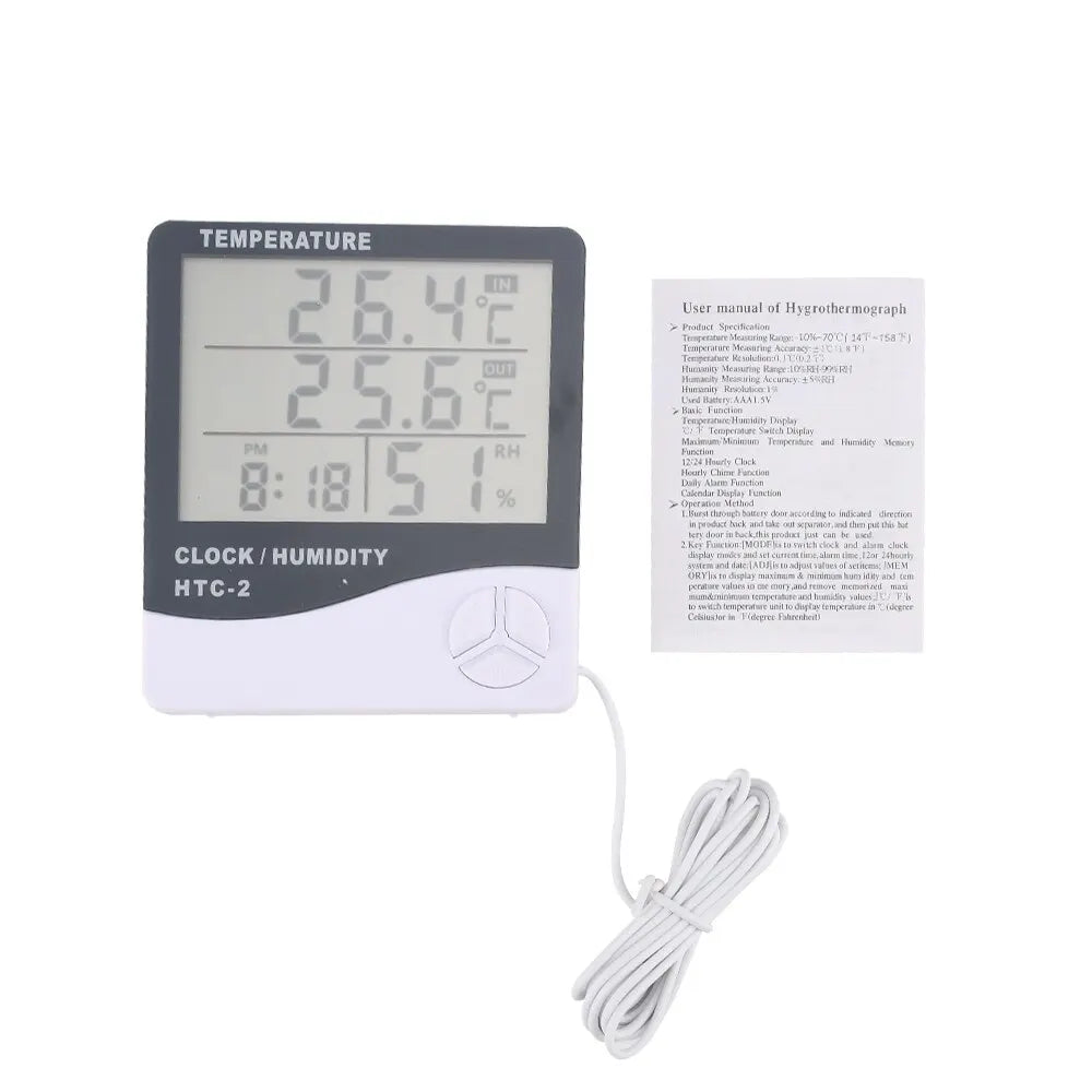 Stazione Meteorologica HTC2 Con Igrometro Digitale Termometro E Orologio LCD Interna Ed Esterna