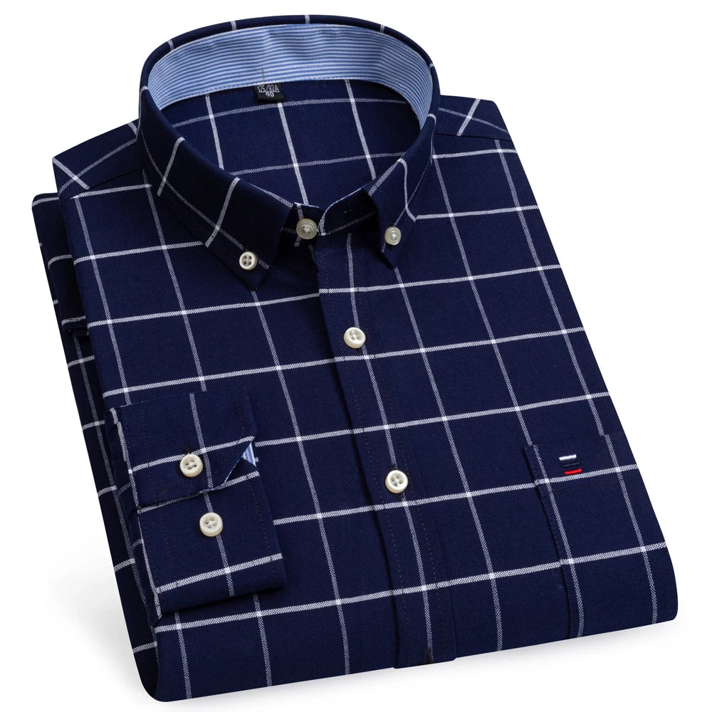 Camicia Da Uomo Oxford Abbottonata Maniche Lunghe In Cotone Al 100 Percento Con Tasca A Quadri Piccoli Stile Casual