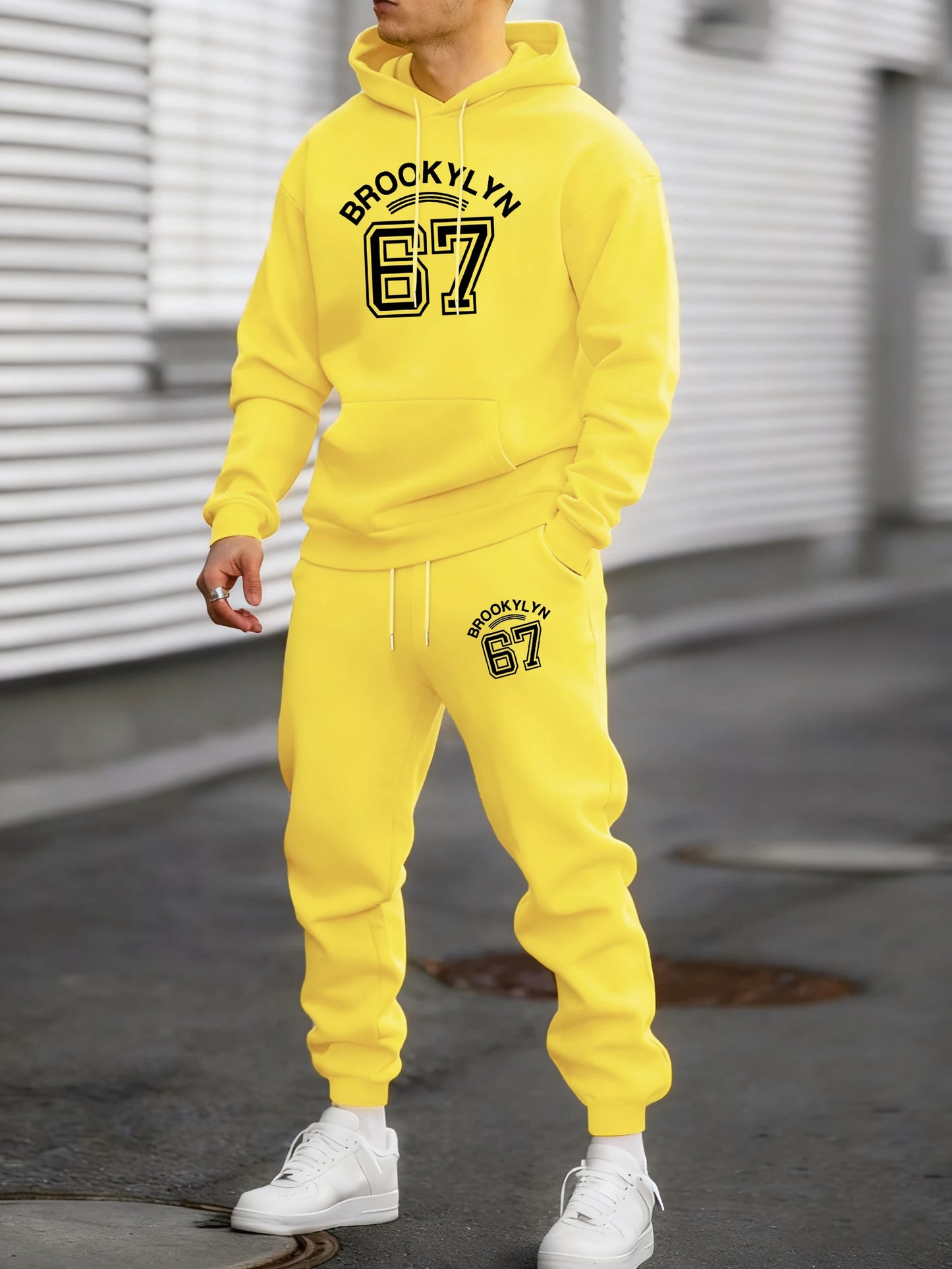 Brooklyn Lettera 67 Stampe Arte Tuta Sportiva Uomo Con Cappuccio In Pile Caldo Pantaloni Larghi Autunno Vintage