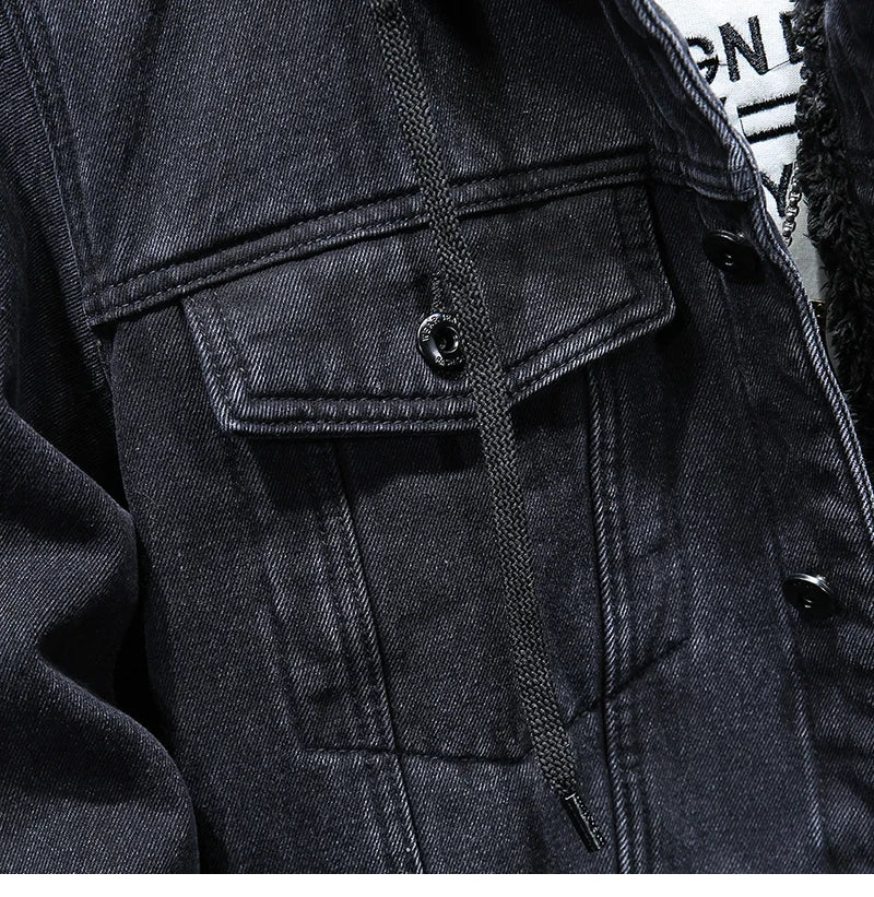 Giacca Jeans Uomo Invernale Termica Spessa Con Cappuccio In Pile Denim Casual Fit Trend