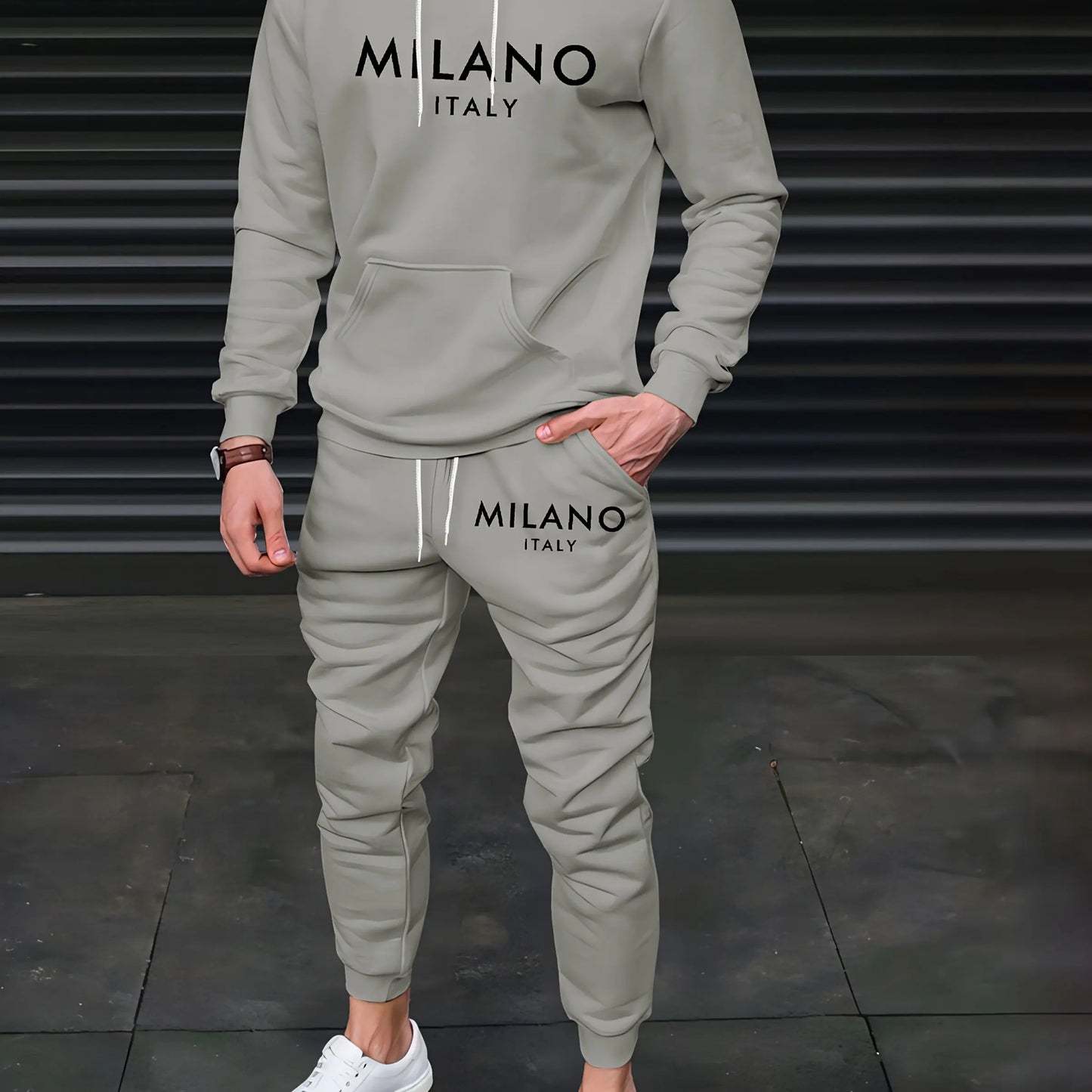 Felpa Sportiva Da Uomo Autunno Inverno Calda In Velluto Spesso Stampa Lettera Milano Italia E Set Pantaloni Della Tuta