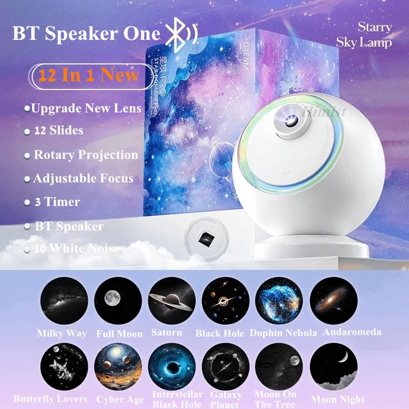 Meteor Dinamico 12 in 1 Lampada Proiettore Galaxy Ultra Trasparente Rotante con Lettore Musicale Regalo per Bambini