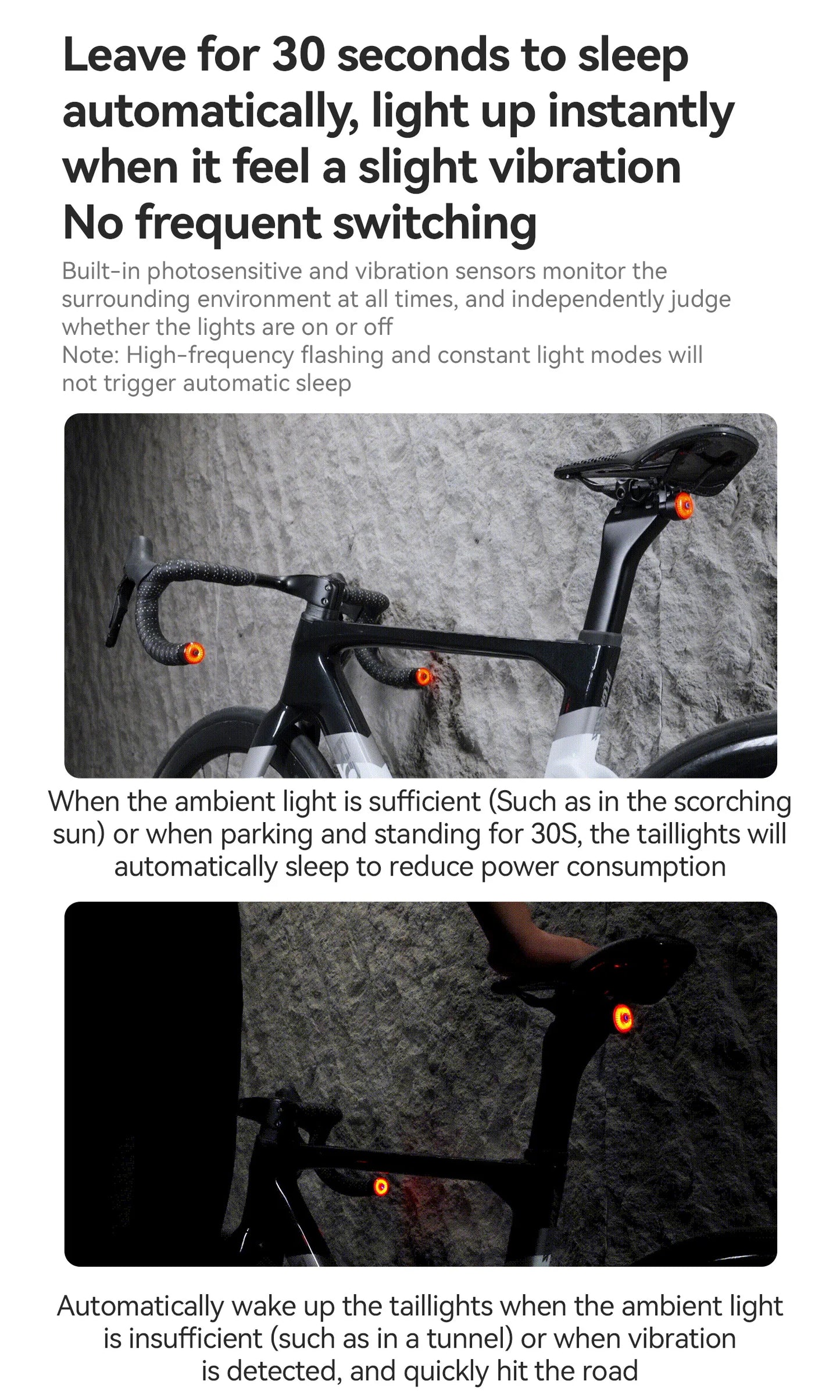 Luce Terminale Per Barra Bicicletta ROCKBROS IPX6 Luce Posteriore Con 5 Modalità E Sensore Freno Per Sicurezza Notturna
