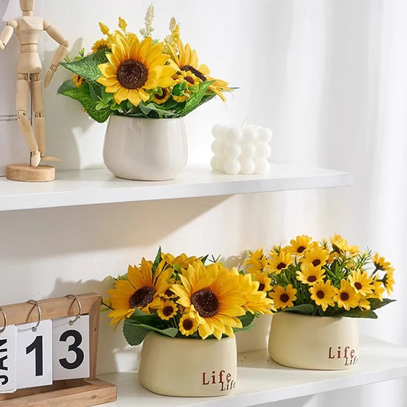 Vaso di Plastica con Fiore di Girasole Artificiale Set Decorazione per Matrimoni e Eventi