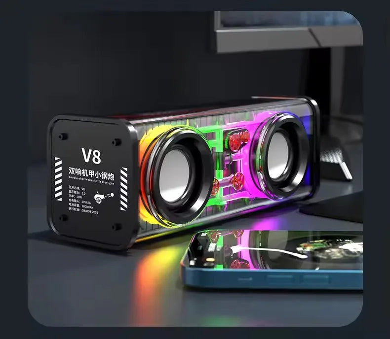 Altoparlante Bluetooth TWS V8 Mecha Trasparente Con Luce RGB Suono Potente Bass Subwoofer Per Feste In Casa