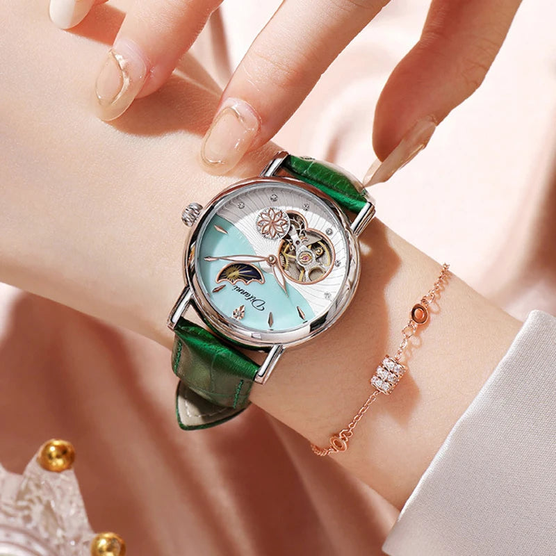 Orologio Da Donna Automatico Impermeabile Con Fasi Lunari E Fiori Girevoli Lusso Di Marca Pregiata
