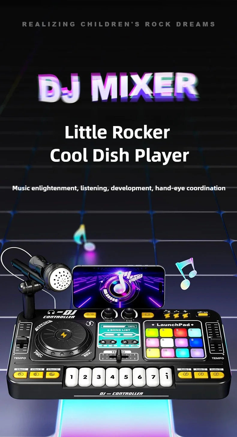 Controller DJ per bambini Mixer giocattolo musicale con microfono Luce a LED Gioco musicale elettronico Giradischi DJ per regali di compleanno per bambini