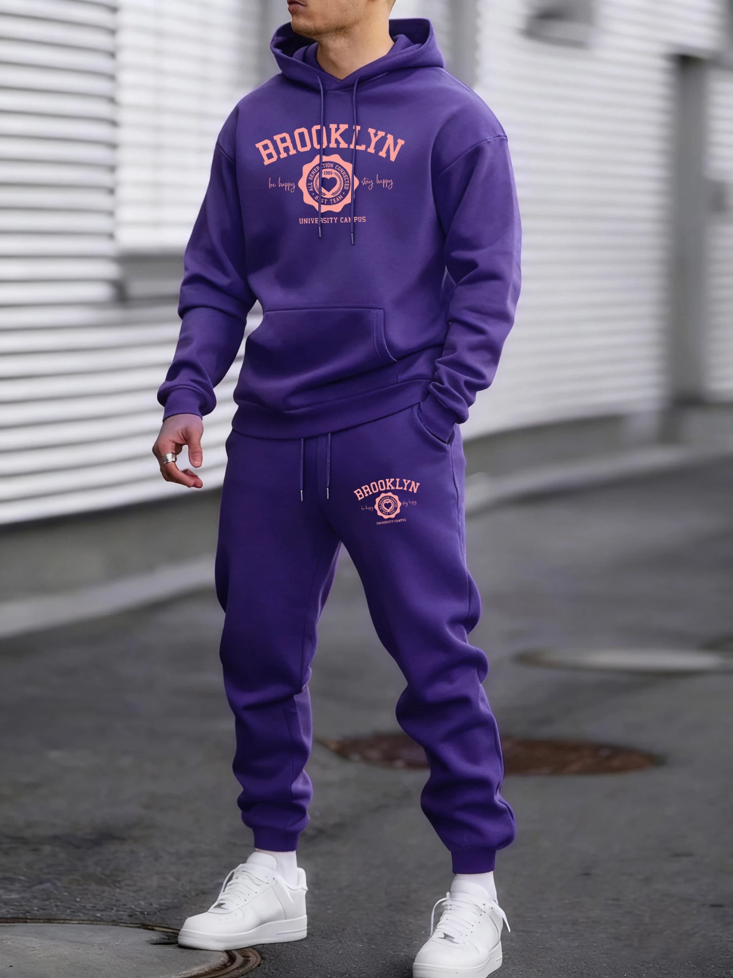 Felpa Con Cappuccio Uomo Heart Print Brooklyn Best Team Autunno Hip Hop Morbido Pile Pantaloni Semplici Sportivi