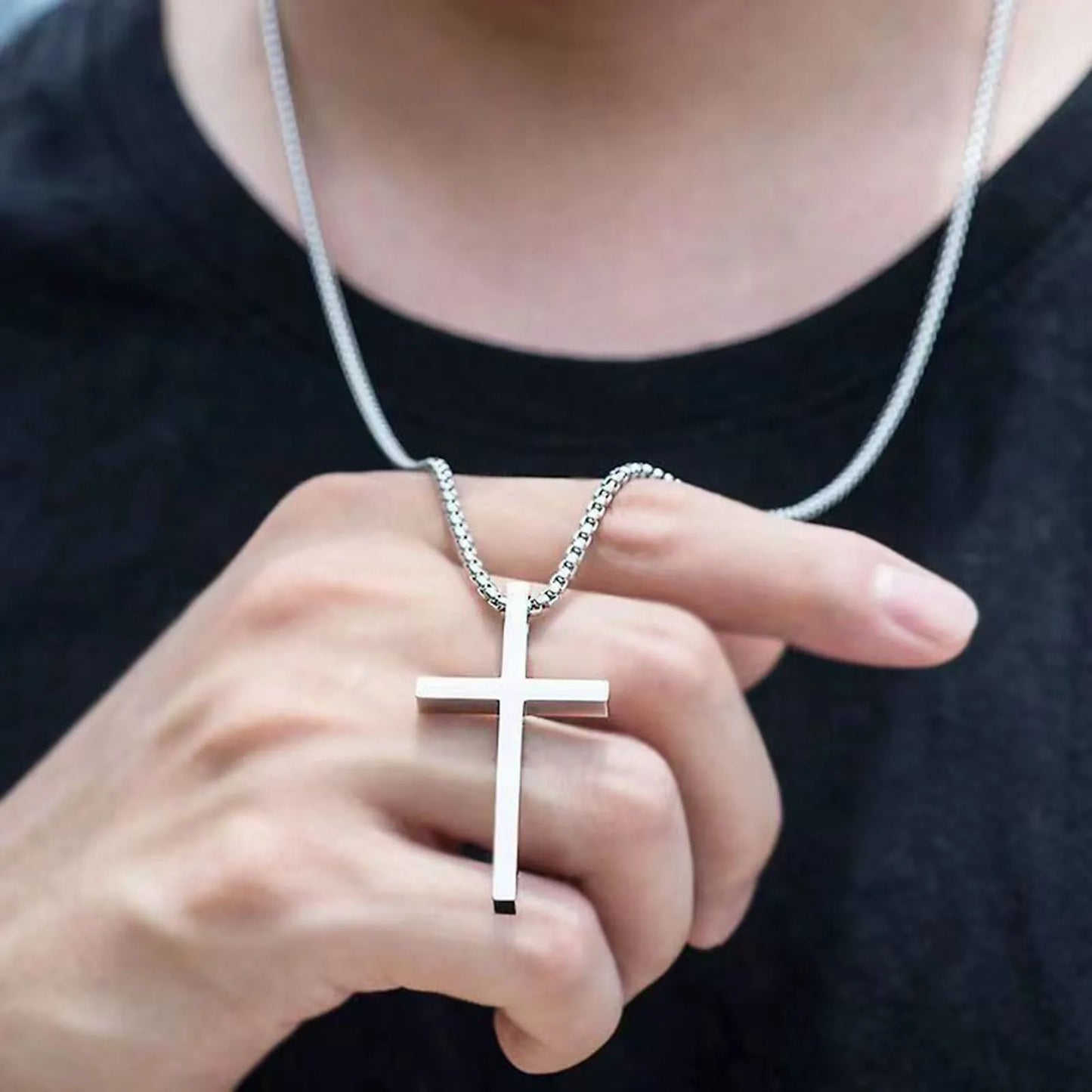 Collana Con Croce Vnox In Acciaio Inossidabile Catena A Scatola Argento Nero Per Uomo E Donna Lunghezza 55 Cm O 60 Cm