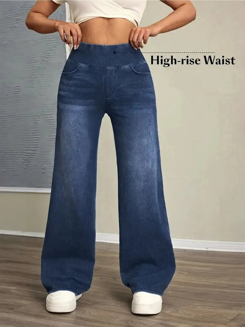 Jeans Da Donna Nuovi Pantaloni A Gamba Dritta Larghi Elasticizzati In Vita Elastica Moda Comodi Transfrontalieri