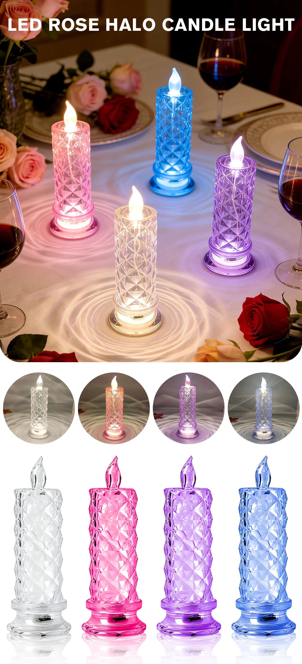 Candela LED In Acrilico Senza Fiamma Con Proiezione Rosa Notturna Romantica Per Feste Matrimonio E Decorazione Tavolo