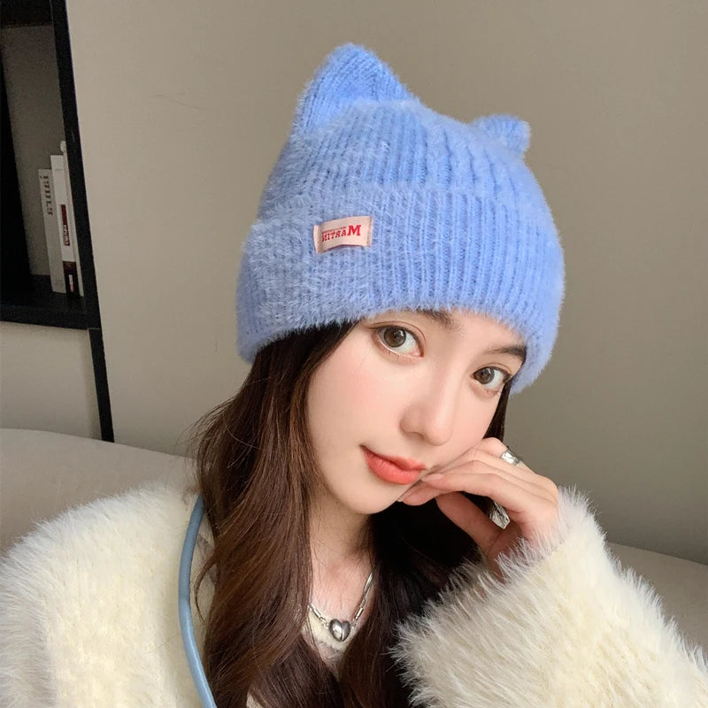 Cappello Invernale Femminile con Orecchie da Gatto Pelliccia Sintetica Lavorato a Maglia Stile Kpop Morbido Berretto