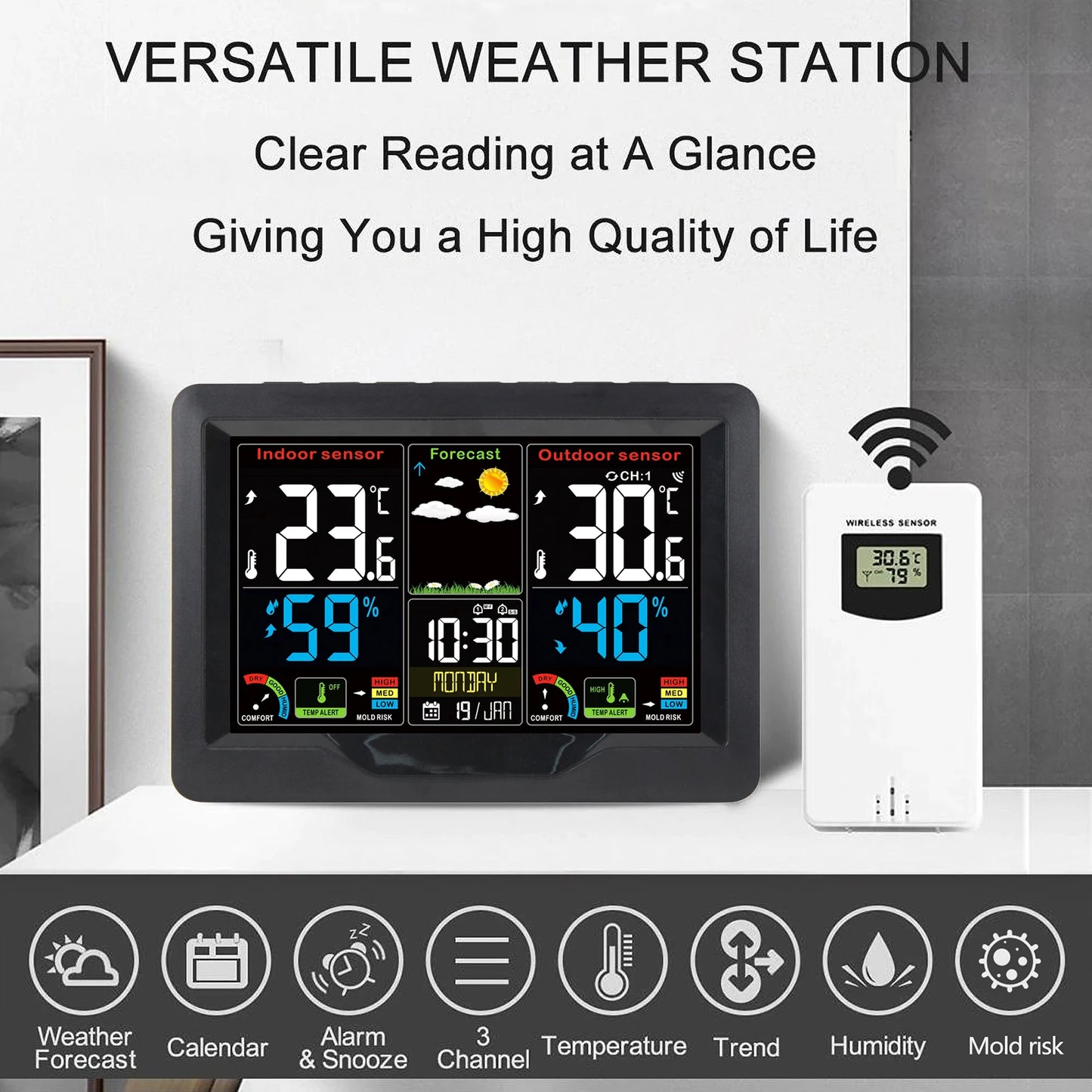 Stazione Meteorologica Multifunzionale Con Sveglia Termometro Igrometro Digitale Schermo Tattile Esterno Wireless