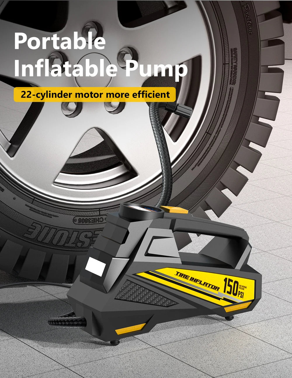 Pompa Aria Portatile 12V LED 150 PSI Compressore Pneumatici Elettrico Per Auto Bici Moto