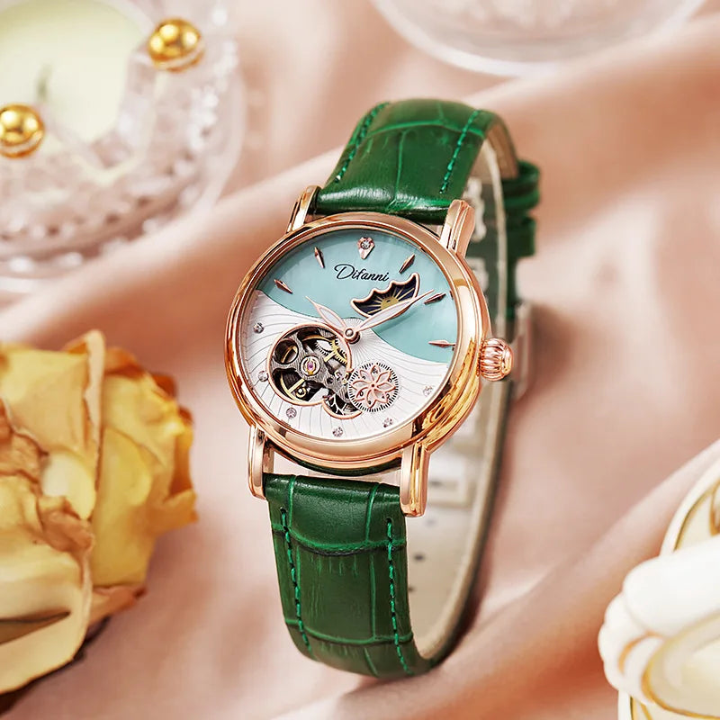 Orologio Da Donna Automatico Impermeabile Con Fasi Lunari E Fiori Girevoli Lusso Di Marca Pregiata